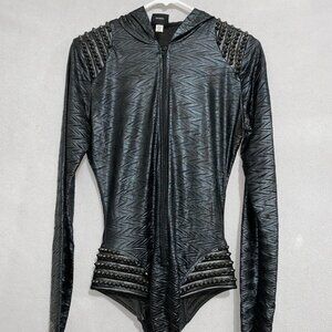 Ivy Layne Studded Black Hooded Bodysuit M/L Made in USA Edgy Zip Front